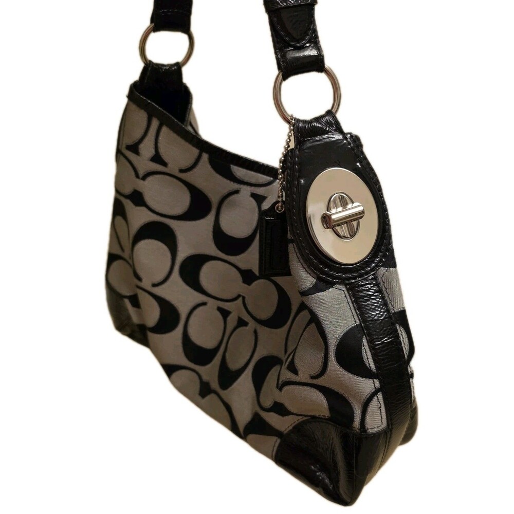 Authentic COACH PEYTON SIGNATURE LUREX HOBO BAG PURSE F19758M BLACK/SILVER - Picture 9 of 12